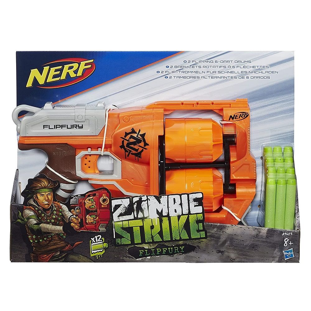 Nerf Zombie Strike FlipFury Blaster 2 Flipping 6-Dart Drums ,12 Nerf Zombie Strike Elite Darts, Multicolor | B00P0K8FZW