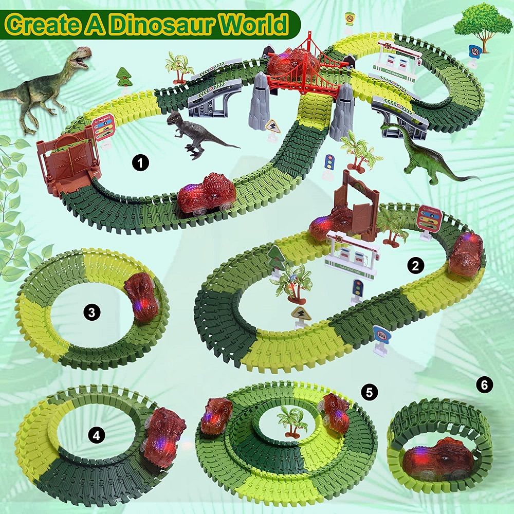 182 Pcs Set Dinosaur Track Toy | Flexible Track Playset and 2 LED Dinosaur Cars for 3 4 5 6 Year & Up Old Boys Girls | Create a Dinosaur World Road Race | B09V4N28BR ( C-DINOSAUR_TOYS-1 )