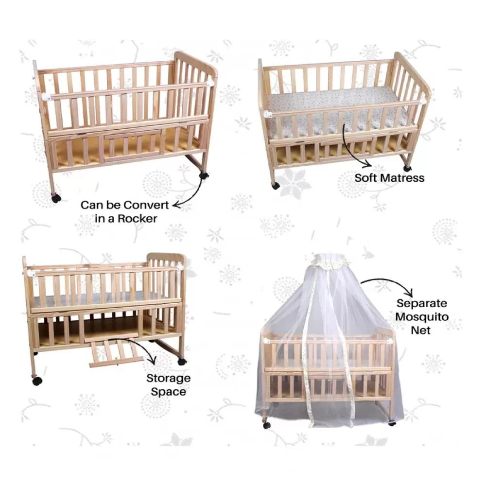 Tiffy & Toffee Drowsy 9 in 1 Baby Wooden Cot / Crib / Cradle with Mosquito Net & Mattress | Convertible, Rocking, Extending Length, Storage- 5455