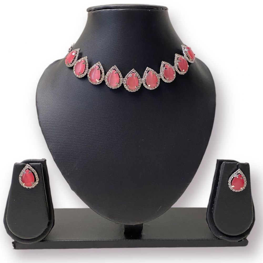 Pink Stone Plated Necklace Set For Women
