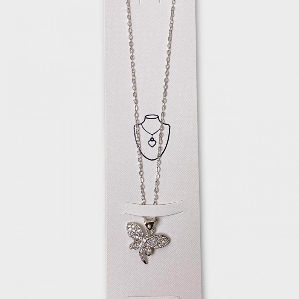Small Crystal Butterfly Pendant Necklace Silver Finish