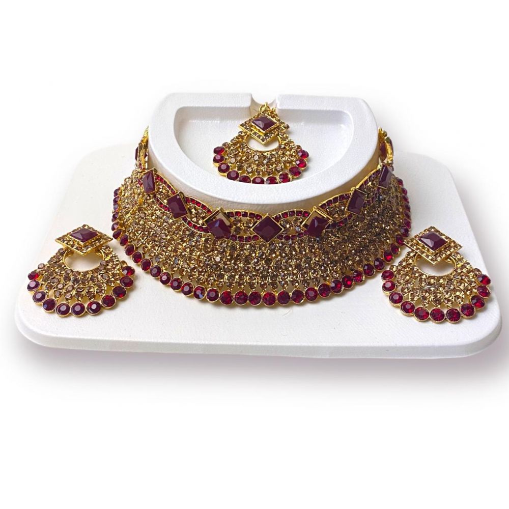 Red Stone-Studded Gold Plated Choker Set