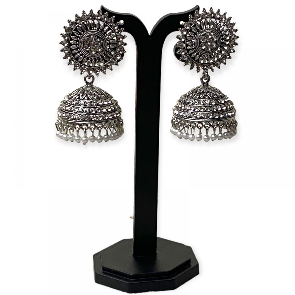 Beautiful light weight stone work precious designed silver ethnic Jhumko earrings for girls & women's Crystal Alloy Jhumki Earring