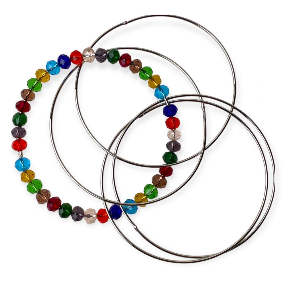 Silver Thin Bangles With Multi Color Beads